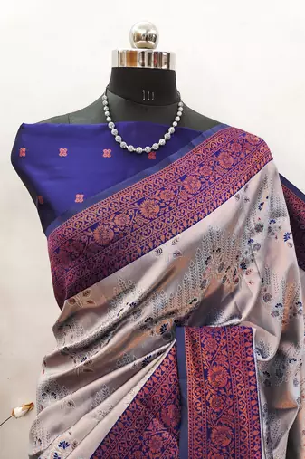 grey neavyblue silk blend banarasi saree with unstitched blouse piece