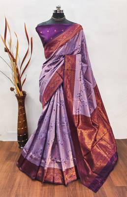 lavender wine silk blend banarasi saree with unstitched blouse piece 2