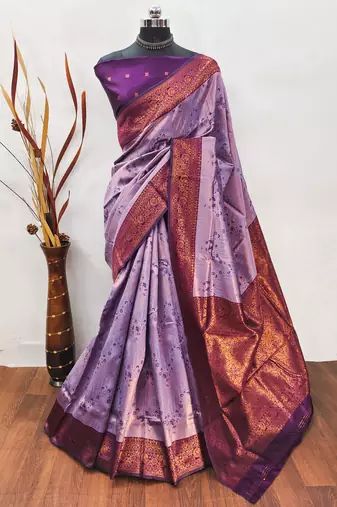 lavender wine silk blend banarasi saree with unstitched blouse piece