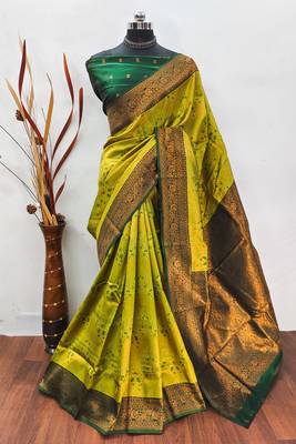 lemon green silk blend banarasi saree with unstitched blouse piece 1