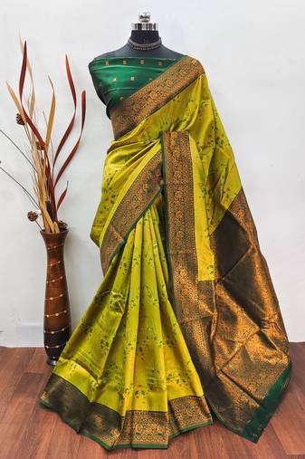 lemon green  soft art silk banarasi jacuard work designer party wear saree with unstitched blouse piece