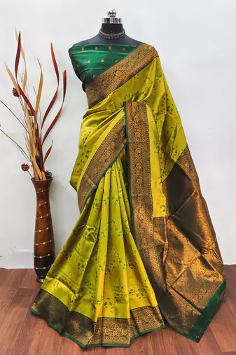 lemon green  soft art silk banarasi jacuard work designer party wear saree with unstitched blouse piece