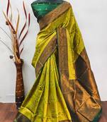 lemon green  soft art silk banarasi jacuard work designer party wear saree with unstitched blouse piece