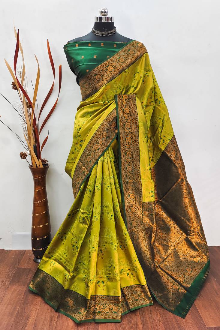 lemon green  soft art silk banarasi jacuard work designer party wear saree with unstitched blouse piece