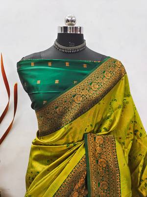lemon green silk blend banarasi saree with unstitched blouse piece 2