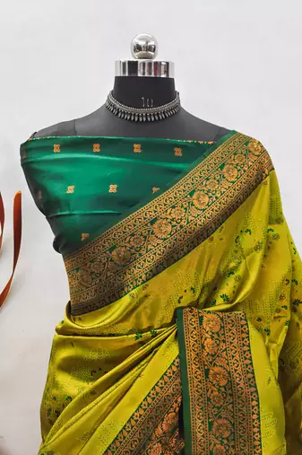 lemon green silk blend banarasi saree with unstitched blouse piece