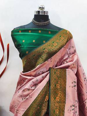 light pink graan silk blend banarasi saree with unstitched blouse piece 2
