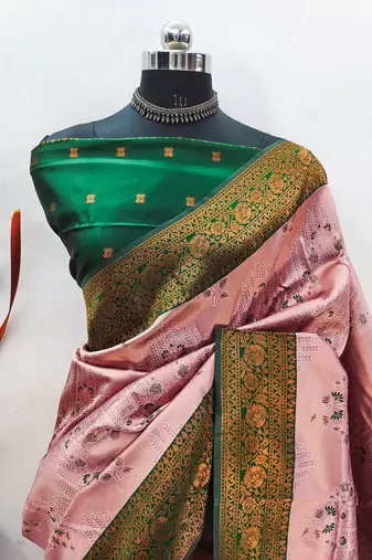light pink graan silk blend banarasi saree with unstitched blouse piece