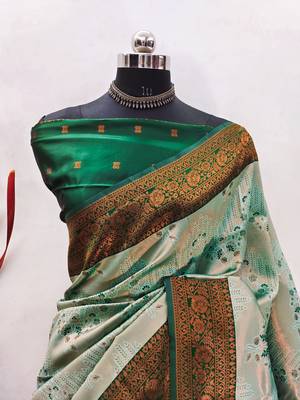 light pista green silk blend banarasi saree with unstitched blouse piece 2
