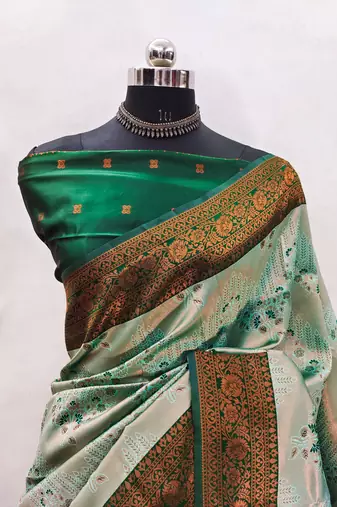 light pista green silk blend banarasi saree with unstitched blouse piece