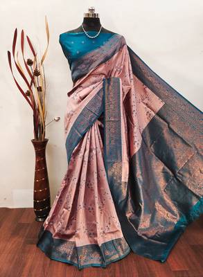 peach sky silk blend banarasi saree with unstitched blouse piece 1