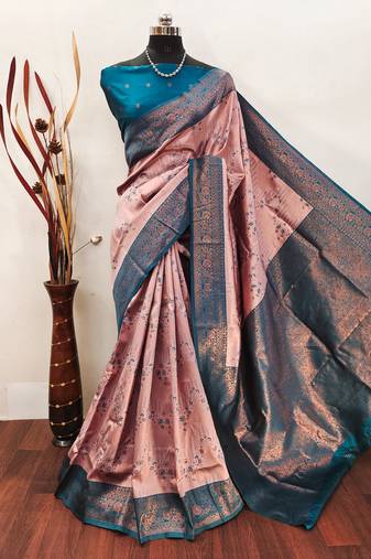 peach sky  soft art silk banarasi jacuard work designer party wear saree with unstitched blouse piece