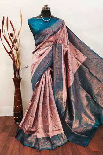 peach sky  soft art silk banarasi jacuard work designer party wear saree with unstitched blouse piece