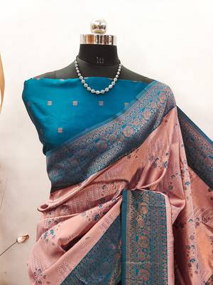 peach sky silk blend banarasi saree with unstitched blouse piece 2