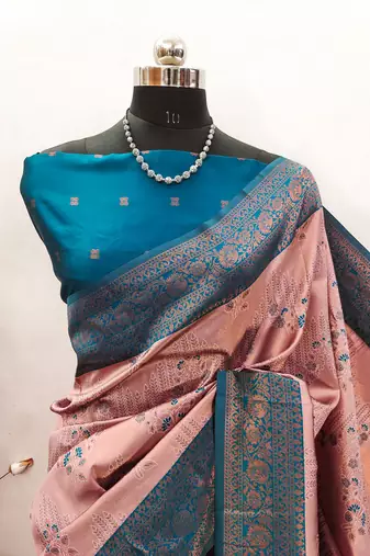 peach sky silk blend banarasi saree with unstitched blouse piece