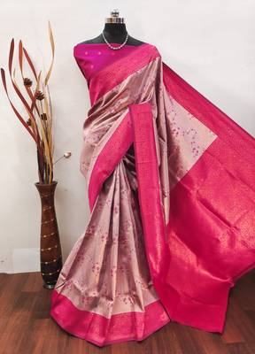 pink silk blend banarasi saree with unstitched blouse piece 1
