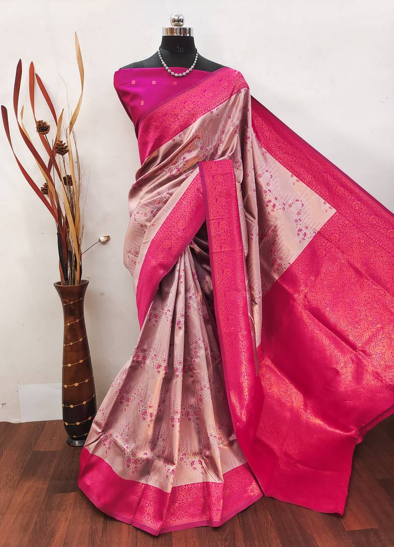 pink  soft art silk banarasi jacuard work designer party wear saree with unstitched blouse piece