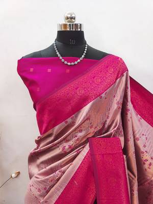 pink silk blend banarasi saree with unstitched blouse piece 2