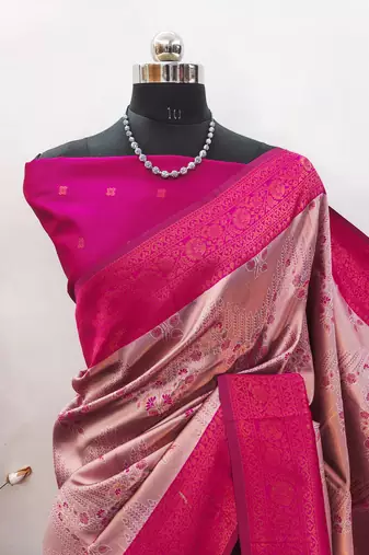 pink silk blend banarasi saree with unstitched blouse piece