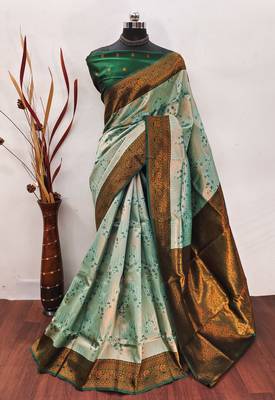 pista green silk blend banarasi saree with unstitched blouse piece 1