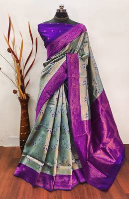 sky purple silk blend banarasi saree with unstitched blouse piece 1