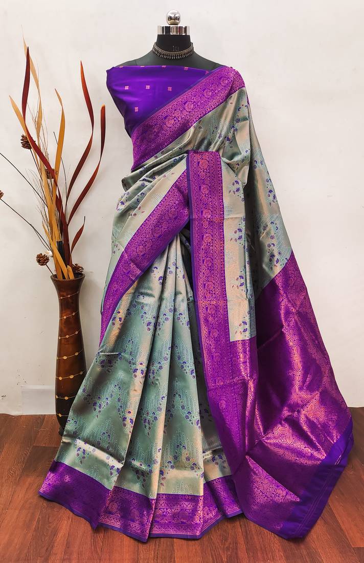 sky purple  soft art silk banarasi jacuard work designer party wear saree with unstitched blouse piece