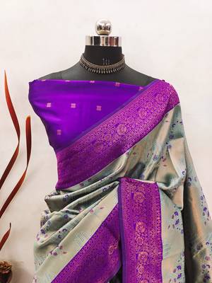 sky purple silk blend banarasi saree with unstitched blouse piece 2