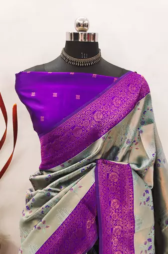 sky purple silk blend banarasi saree with unstitched blouse piece