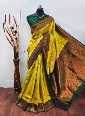 yellow green silk blend banarasi saree with unstitched blouse piece 1