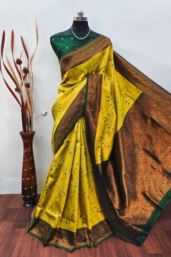 yellow green  soft art silk banarasi jacuard work designer party wear saree with unstitched blouse piece
