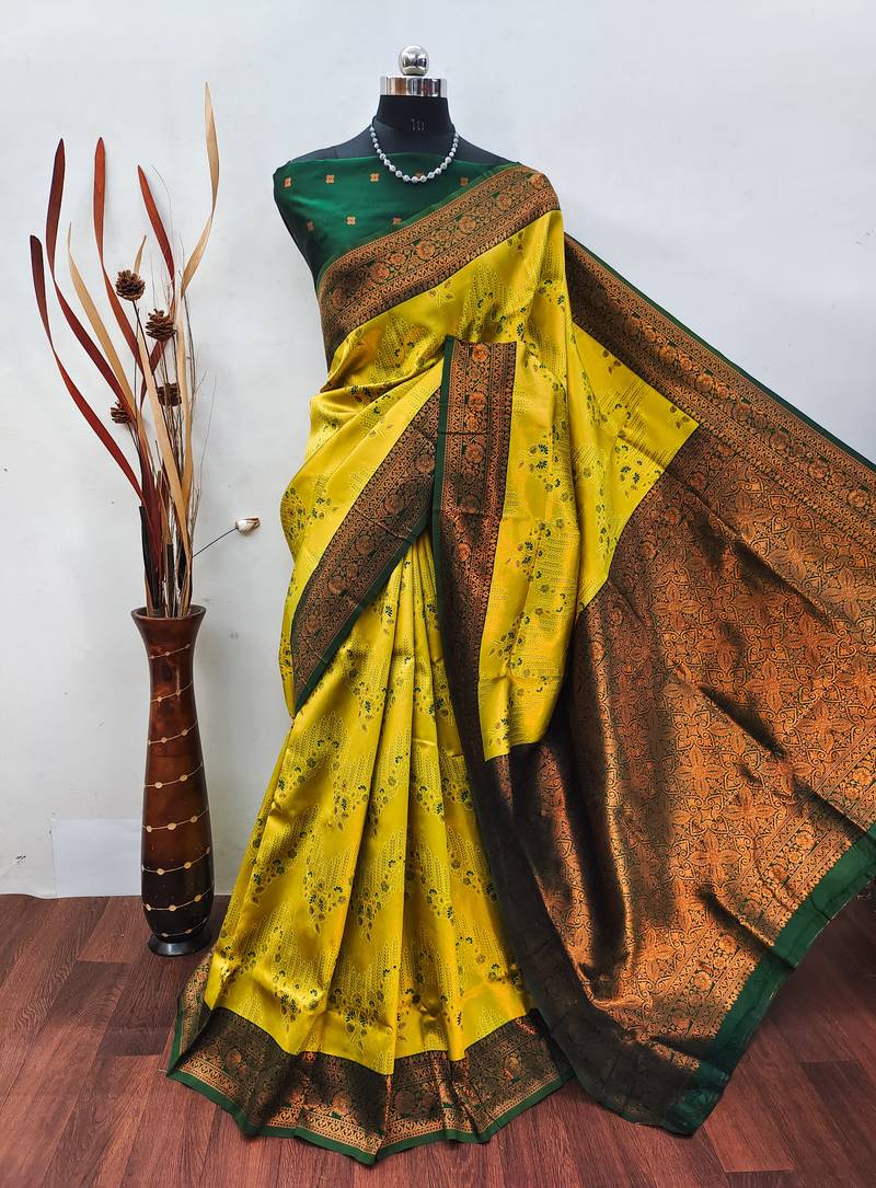 yellow green  soft art silk banarasi jacuard work designer party wear saree with unstitched blouse piece