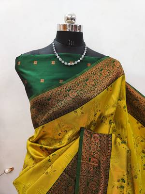 yellow green silk blend banarasi saree with unstitched blouse piece 2