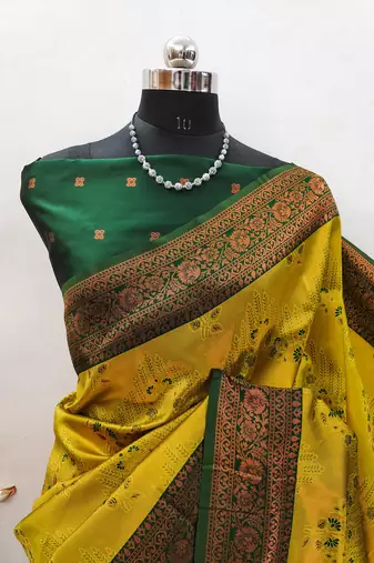 yellow green silk blend banarasi saree with unstitched blouse piece
