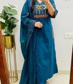 Floral embroidered v neck pure cotton kurta trouser & dupatta set