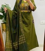 Floral embroidered v neck pure cotton kurta trouser & dupatta set