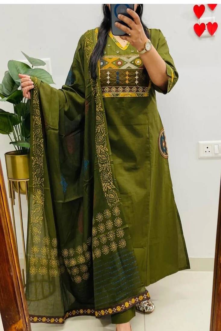 Floral embroidered v neck pure cotton kurta trouser & dupatta set