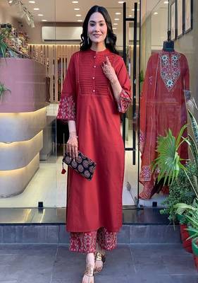 Floral embroidered round neck  cotton kurta & trouser set 1