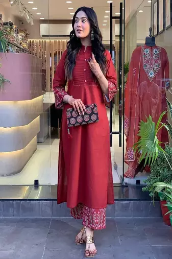 Floral embroidered round neck  cotton kurta & trouser set