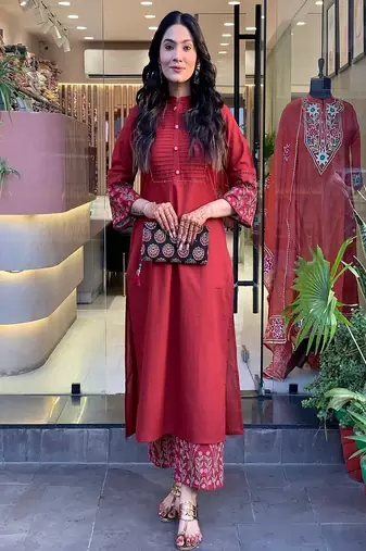 Floral embroidered round neck  cotton kurta & trouser set