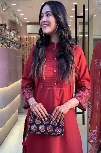 Floral embroidered round neck  cotton kurta & trouser set