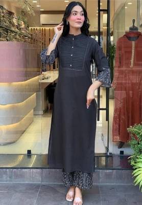 Floral embroidered round neck  cotton kurta & trouser set 1