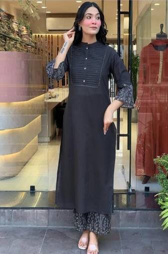 Floral embroidered round neck pure cotton kurta & trouser set