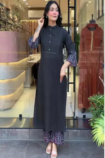 Floral embroidered round neck  cotton kurta & trouser set