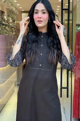 Floral embroidered round neck  cotton kurta & trouser set
