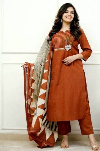 Floral embroidered u neck pure cotton kurta trouser & dupatta set