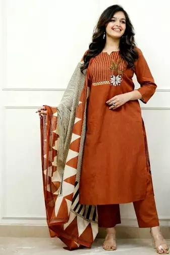 Floral embroidered u neck pure cotton kurta trouser & dupatta set