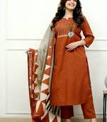 Floral embroidered u neck pure cotton kurta trouser & dupatta set