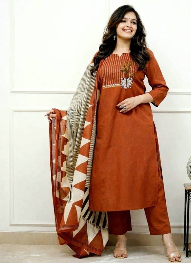 Floral embroidered u neck pure cotton kurta trouser & dupatta set