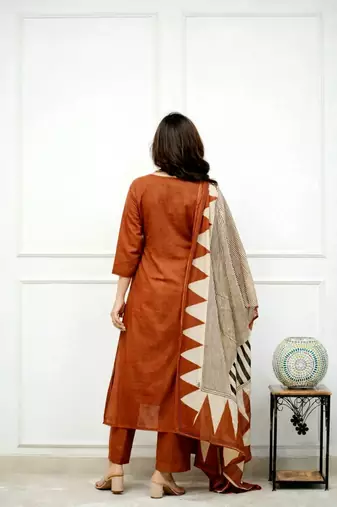 Floral embroidered u neck  cotton kurta trouser & dupatta set
