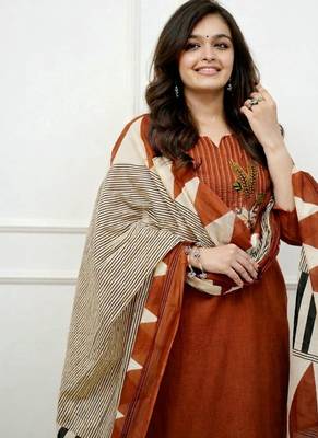 Floral embroidered u neck  cotton kurta trouser & dupatta set 3